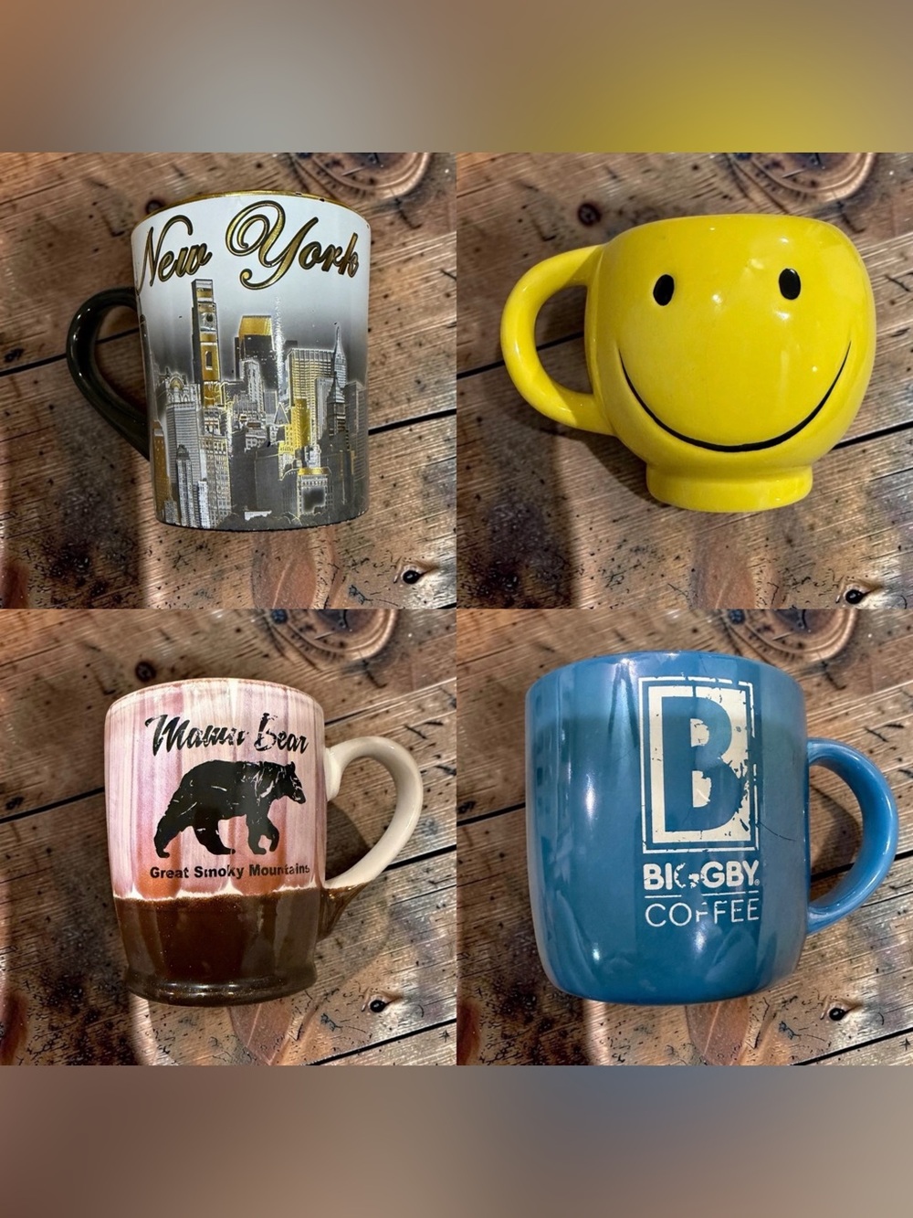 Novelty Mug Lot of 4 Biggby Coffee NYC Skyline Smiley Face Mama Bear Smoky Mtn